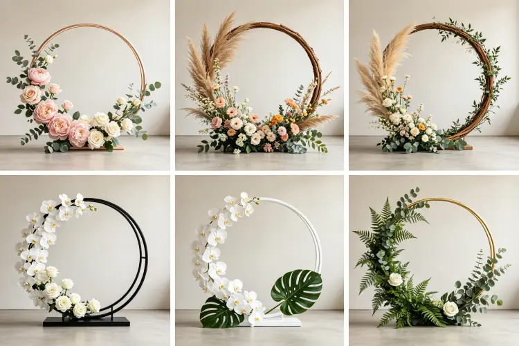 Five popular moon gate arch design ideas including blush romance, boho, modern white, tropical, greenery