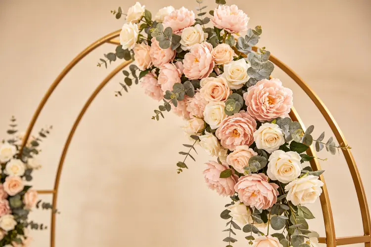 Artificial flower moon gate arch at wedding ceremony looking realistic in photos