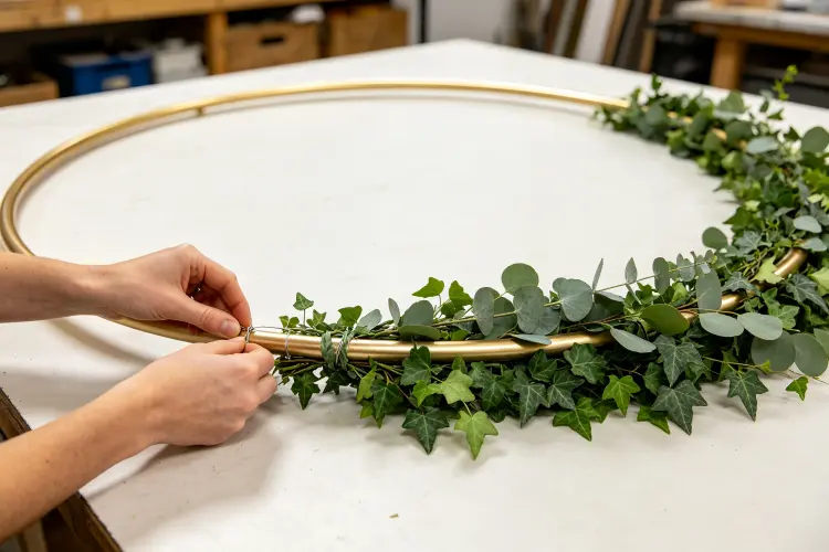 Attaching greenery garland to round metal frame as base layer for moon gate