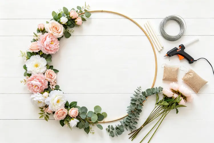 Materials and tools for DIY moon gate arch including metal frame, flowers, wire, glue