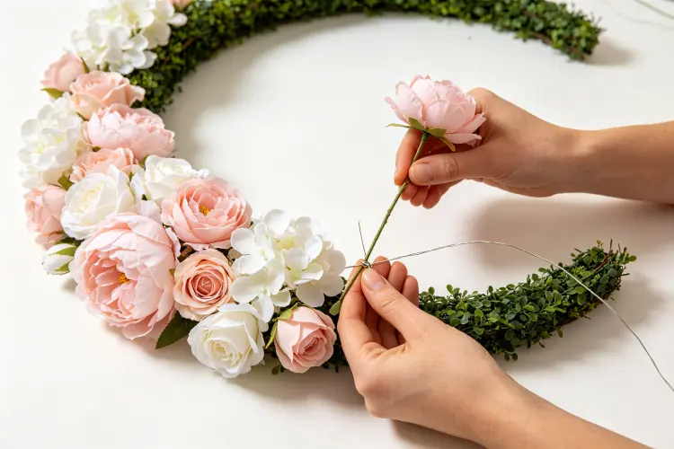 Adding artificial flowers to moon gate frame with floral wire and hot glue