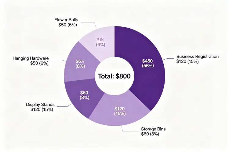 Startup cost breakdown for flower ball rental business showing inventory and supplies