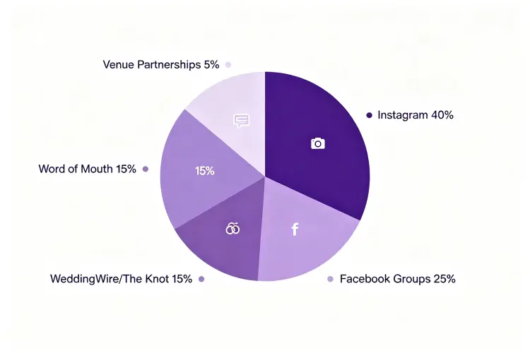 Client acquisition channels for flower ball rental business pie chart Instagram Facebook WeddingWire