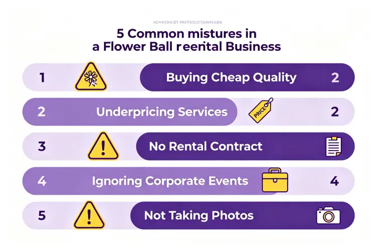 Common mistakes to avoid in flower ball rental business with warning icons