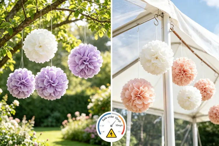 Outdoor flower ball hanging on tree branches and tent poles with wind safety tips