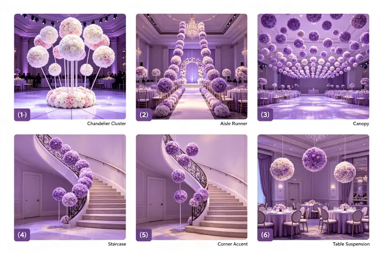 Six popular flower ball hanging designs including chandelier cluster, aisle runner, canopy, staircase, corner, table suspension