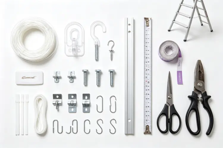 Tools and hardware for hanging flower balls including fishing line, hooks, clips, ladder