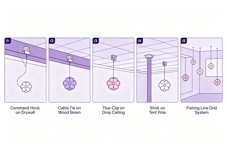 Five hanging methods for flower balls including command hooks, cable ties, T-bar clips, S-hooks, grid system