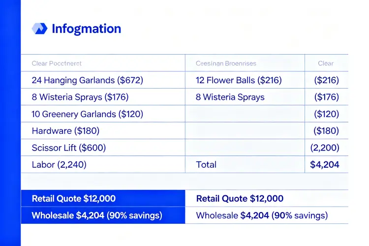 Product cost breakdown for hotel hanging flower installation showing wholesale vs retail savings