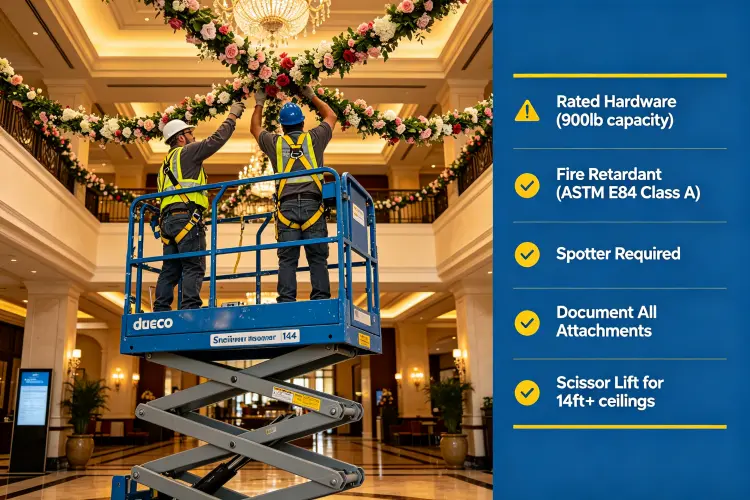 Commercial hanging flower installation safety guidelines including scissor lift and hardware specs