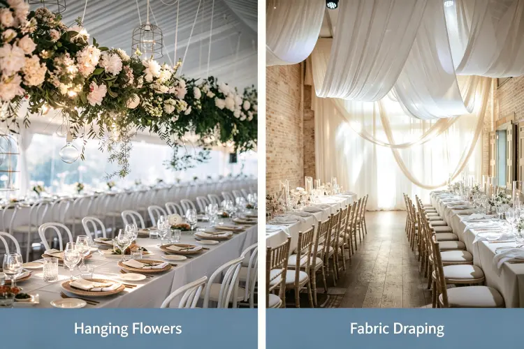 Visual comparison of hanging flowers vs fabric draping at wedding receptions showing photo appeal