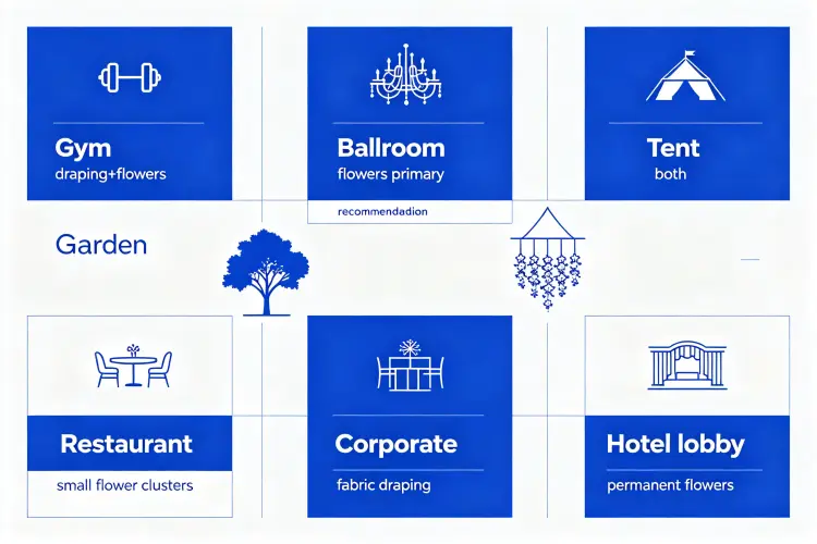 Venue type guide showing best decor option for gym, ballroom, tent, garden, restaurant, corporate