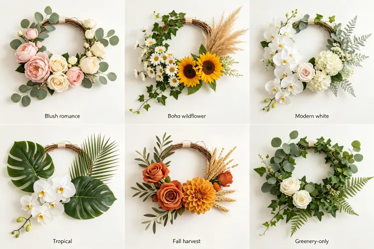 Six DIY flower garland design variations including blush romance, boho, modern white, tropical, fall, greenery-only