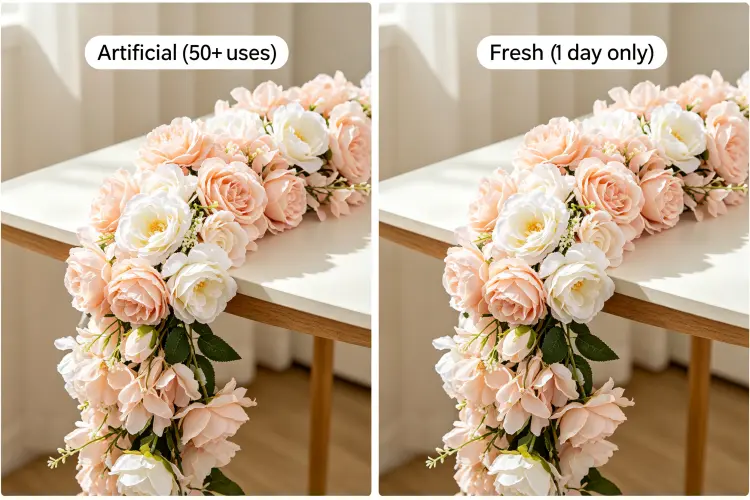 Artificial vs fresh flower garland comparison showing durability and cost benefits
