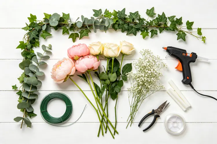Materials and tools for DIY hanging flower garland including wire, flowers, greenery, glue gun