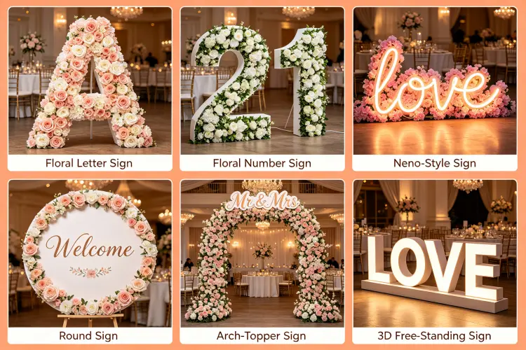 Six types of custom flower signs including letter, number, neon-style, round, arch-topper, 3D free-standing