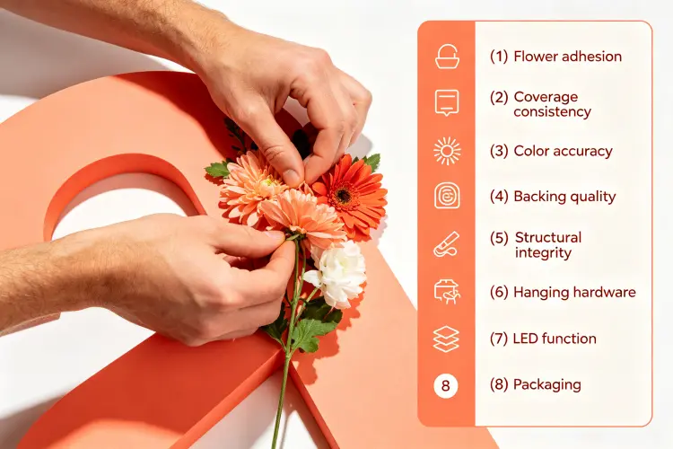 Quality inspection checklist for custom flower signs showing flower adhesion, coverage, color, structure