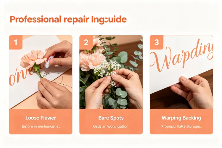 Common DIY flower sign issues and fixes including loose flowers, bare spots, warping backing