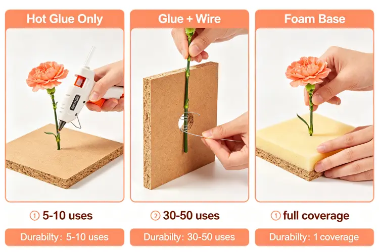 Three flower attachment methods for DIY flower sign: hot glue, glue plus wire, foam base