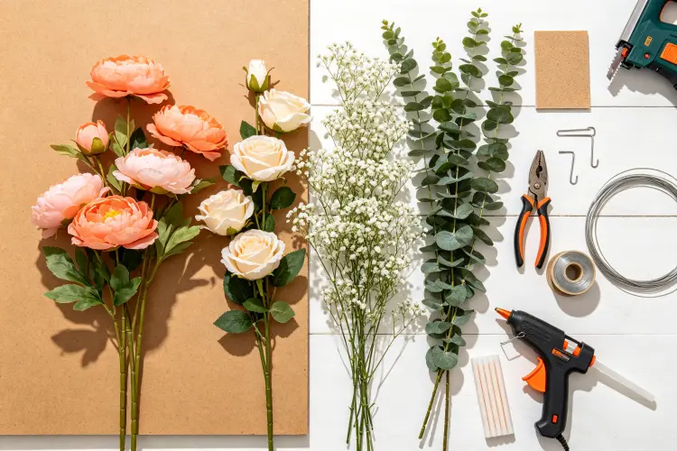 Materials and tools for DIY flower letter sign including MDF board, artificial flowers, glue gun, wire cutters