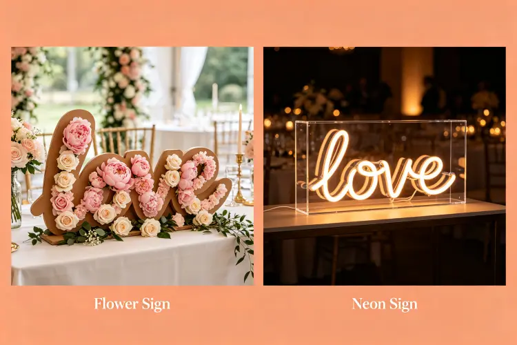 Side by side comparison of flower sign and neon sign at a wedding reception