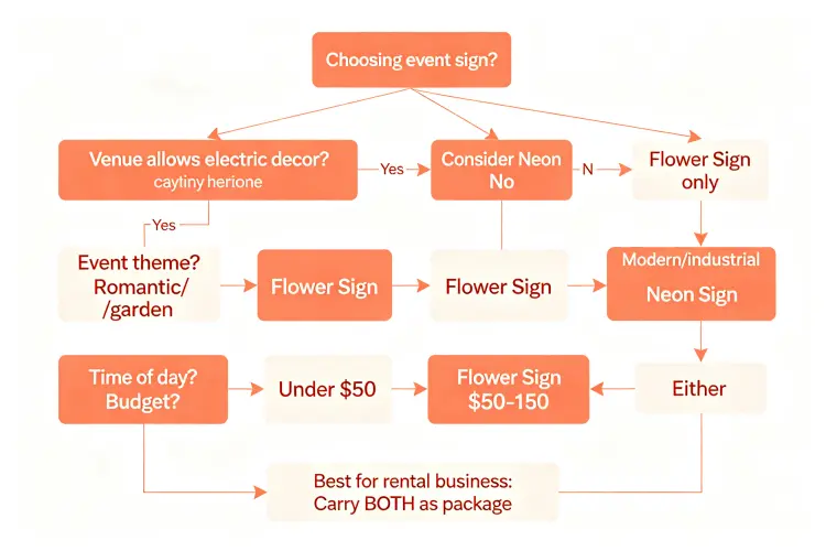 Decision flowchart showing when to choose flower sign vs neon sign based on venue, theme, budget, and time of day