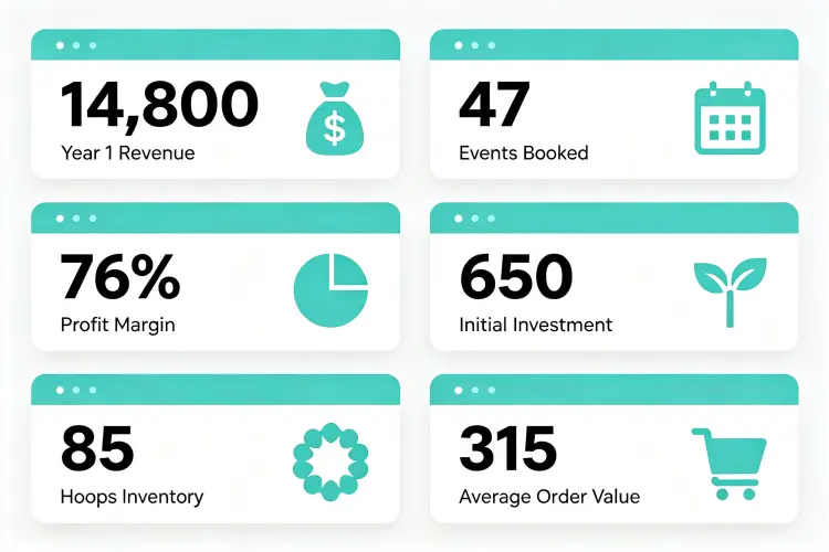 Business overview dashboard showing revenue, events booked, profit margin, inventory for floral hoop rental business