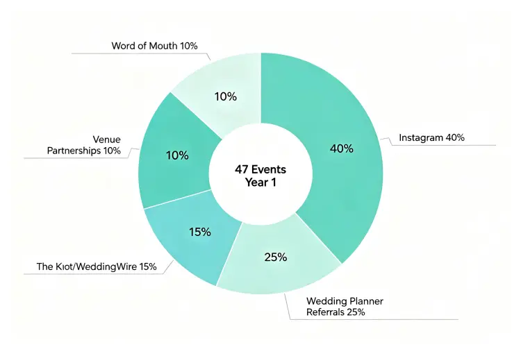 Pie chart showing client acquisition channels: Instagram 40%, wedding planner referrals 25%, The Knot/WeddingWire 15%, venue partnerships 10%, word of mouth 10%