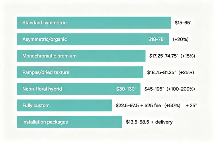 Pricing tier chart for floral hoop rentals showing standard, premium, and custom design price levels