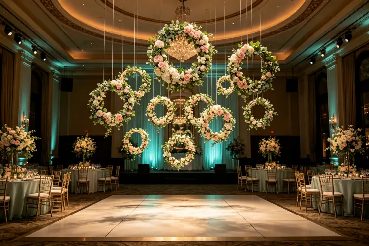 Large hanging floral hoop installation with 10 hoops of varying sizes suspended from ceiling at different heights