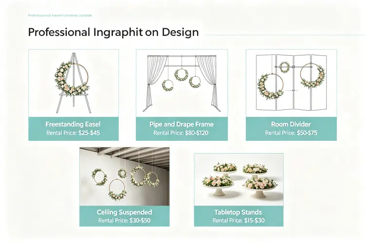 Solutions for hanging floral hoops without wall attachment: freestanding easel, pipe and drape frame, room divider screen, ceiling suspended, tabletop stands