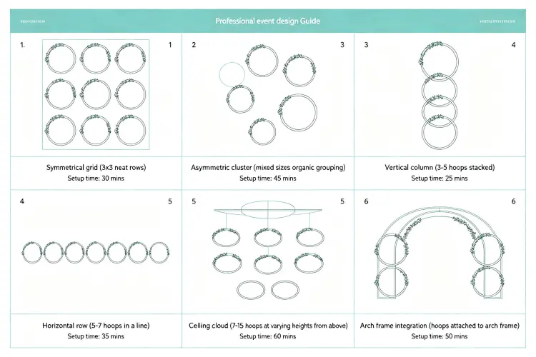 Six floral hoop layout designs: symmetrical grid, asymmetric cluster, vertical column, horizontal row, ceiling cloud, arch frame integration
