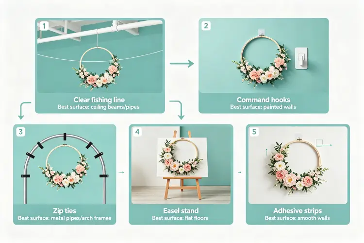 Diagram showing five floral hoop hanging methods: fishing line from ceiling, command hooks on wall, zip ties to pipe, easel stand, adhesive strips