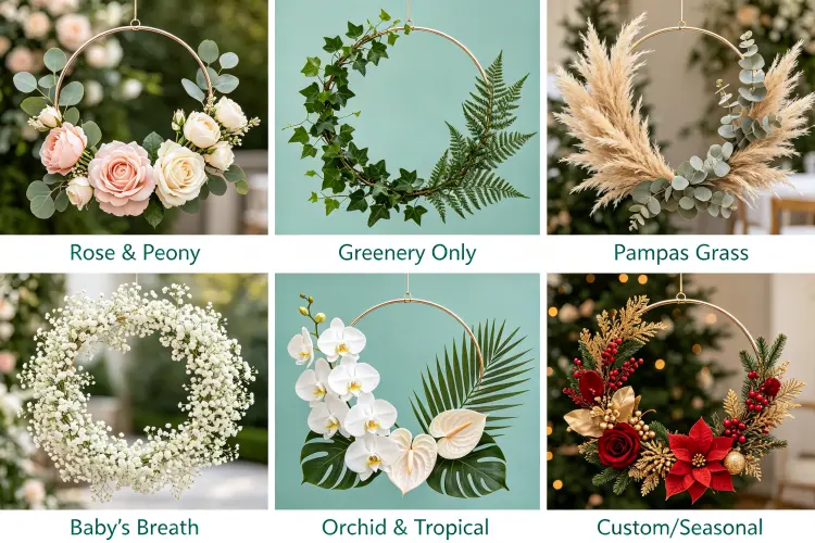 Six types of floral hoops: rose peony, greenery only, pampas grass, baby's breath, orchid tropical, custom seasonal