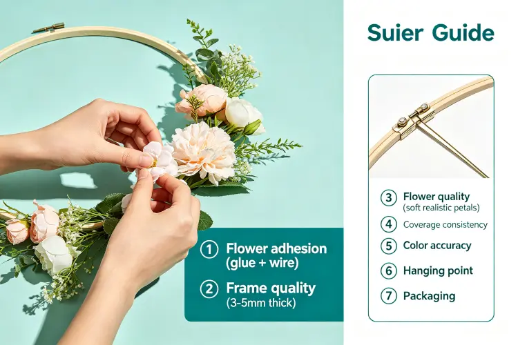 Quality inspection checklist for floral hoops showing flower adhesion, frame quality, coverage, color accuracy, hanging point