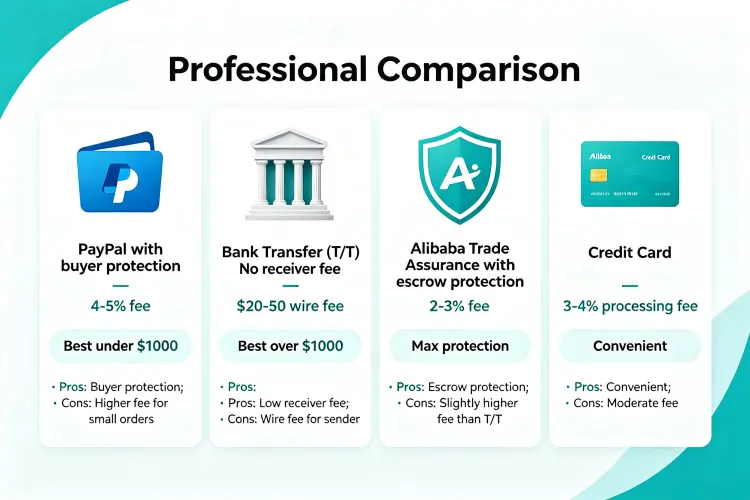Payment method comparison for China wholesale orders: PayPal, bank transfer, Alibaba Trade Assurance, credit card