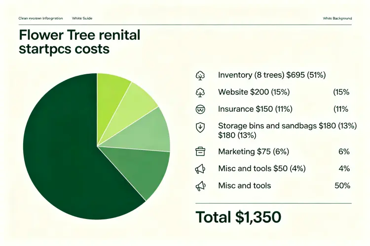 Infographic showing flower tree rental startup costs: inventory $695, storage $100, insurance $150, website $200, marketing $75, total $1,220