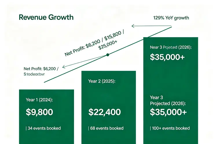 Bar chart showing revenue growth from Year 1 $9,800 to Year 2 $22,400 to Year 3 projected $35,000+