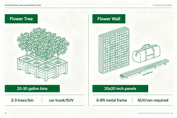 Comparison of flower tree storage in stackable bins vs flower wall panels stacked flat with metal frame