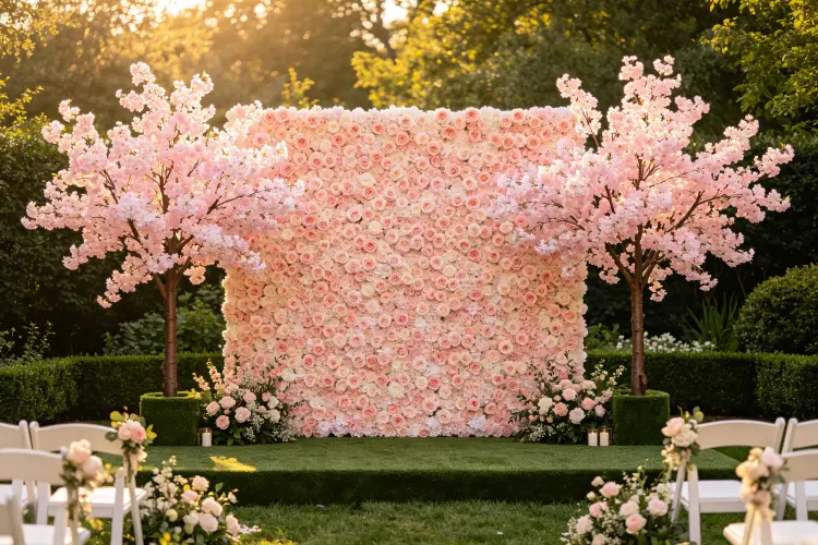 Wedding ceremony setup with two 7ft cherry blossom flower trees flanking an 8x8ft blush flower wall backdrop