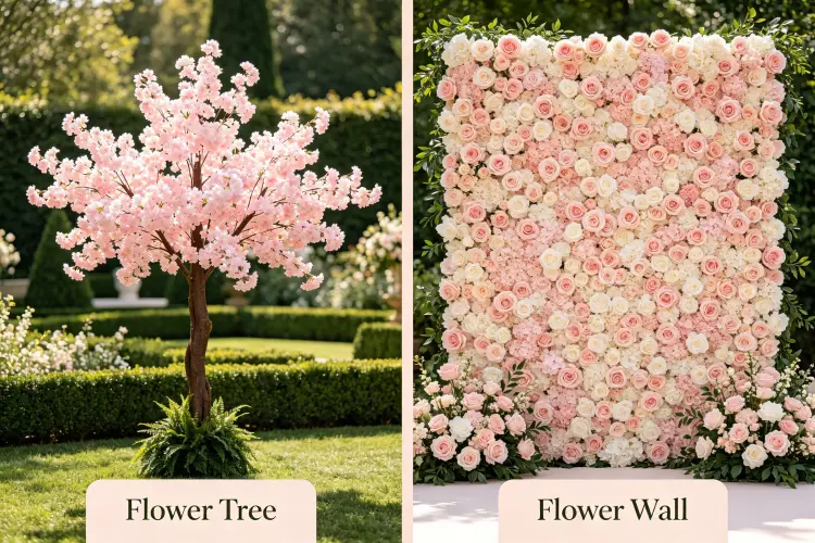 Side-by-side comparison of a 7ft cherry blossom flower tree and an 8x8ft blush rose flower wall at wedding events
