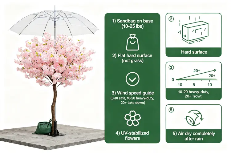 Diagram showing outdoor flower tree setup with sandbag base, wind stability, and rain protection tips