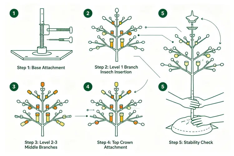Step-by-step diagram showing flower tree assembly: base attachment, branch insertion by level, top crown, stability check