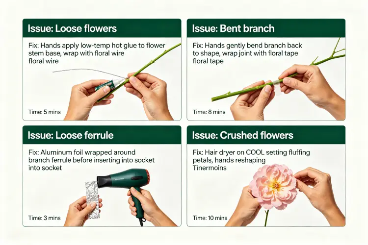 Diagram showing common flower tree repairs: re-gluing loose flowers, fixing bent branches, tightening loose ferrules with foil
