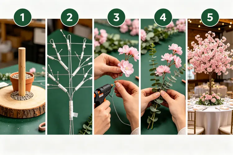 Step-by-step photo collage showing DIY flower tree centerpiece: base preparation, wire frame, flower attachment, greenery filler, final shaping