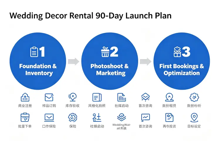 Visual timeline showing 90-day launch plan: Days 1-30 foundation, Days 31-60 photoshoot & marketing, Days 61-90 first bookings & optimization