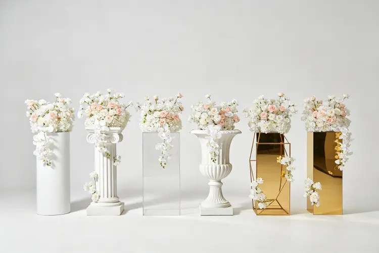 Six types of floral columns displayed side by side cylinder roman acrylic urn square gold