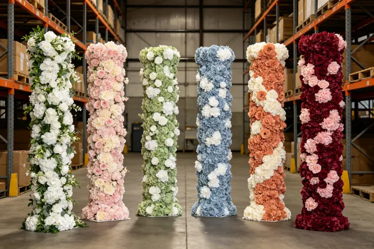 Rental business inventory of floral columns in various colors white blush sage green