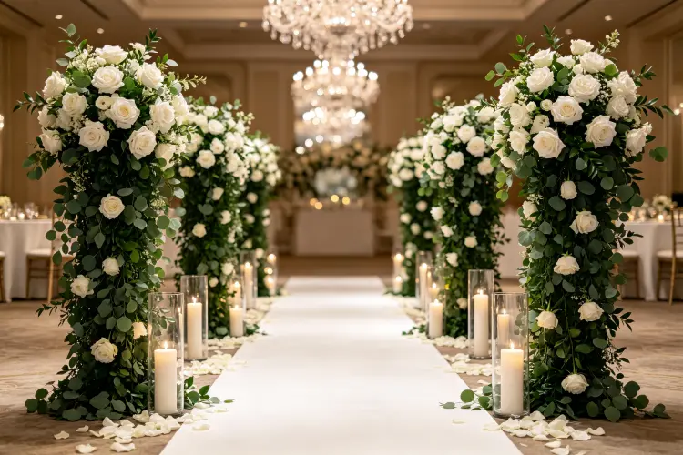 Six types of floral columns displayed side by side cylinder roman acrylic urn square gold