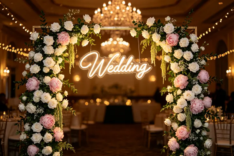 Broken arch used as photo booth backdrop with neon sign at wedding reception